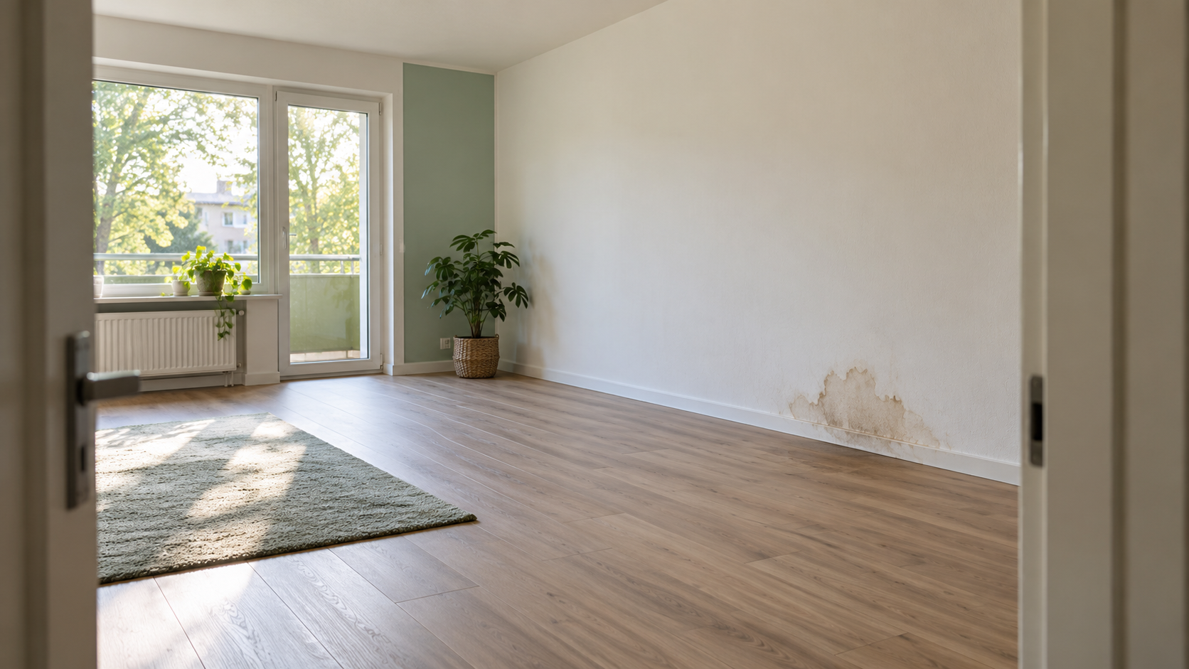 AI illustration of discoloration on the lower living-room wall beside a baseboard, seen from a dry doorway