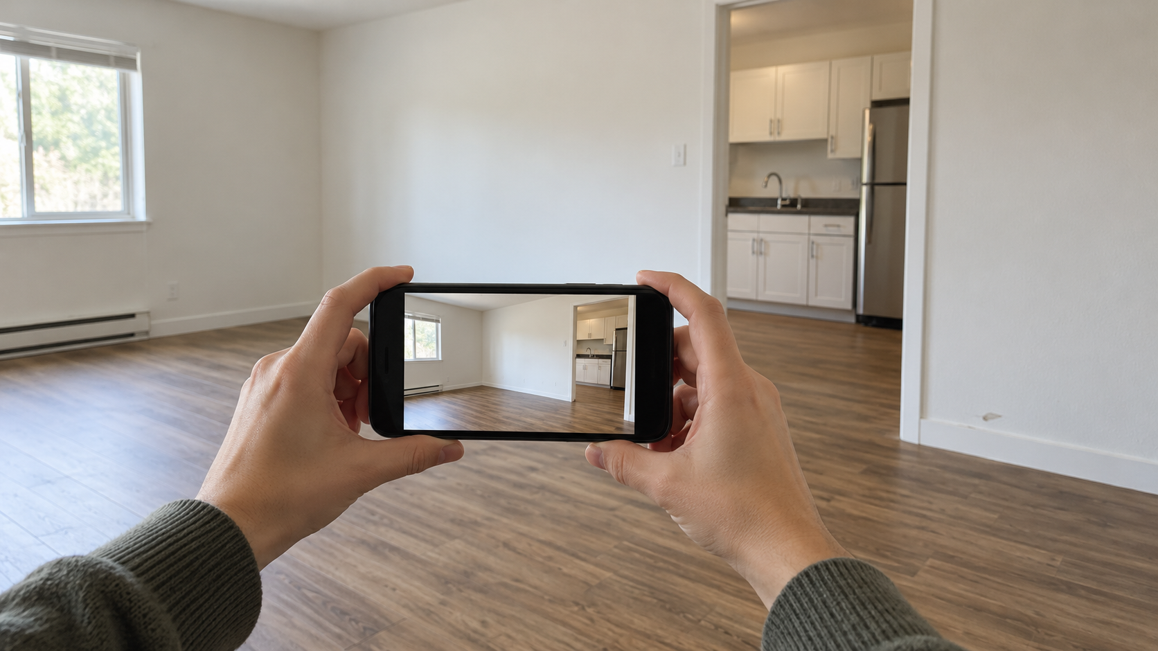 Illustrative empty apartment ready for a room-by-room move-in photo walkthrough