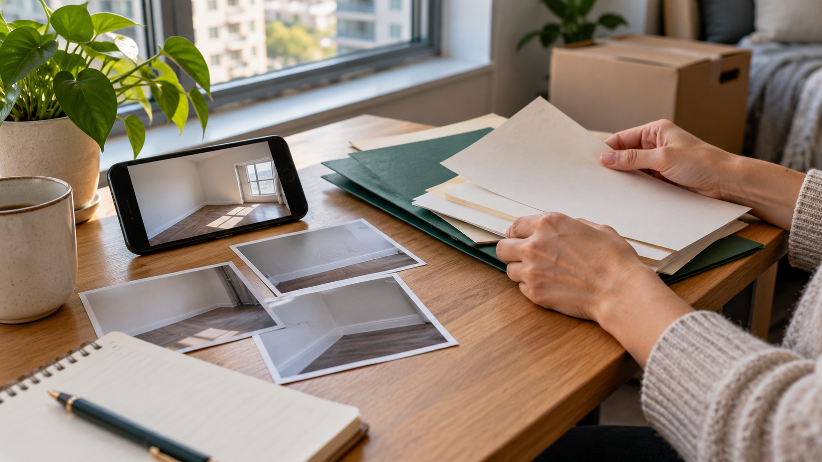 AI illustration of hands sorting blank papers and folders beside a phone and printed room photos on a table