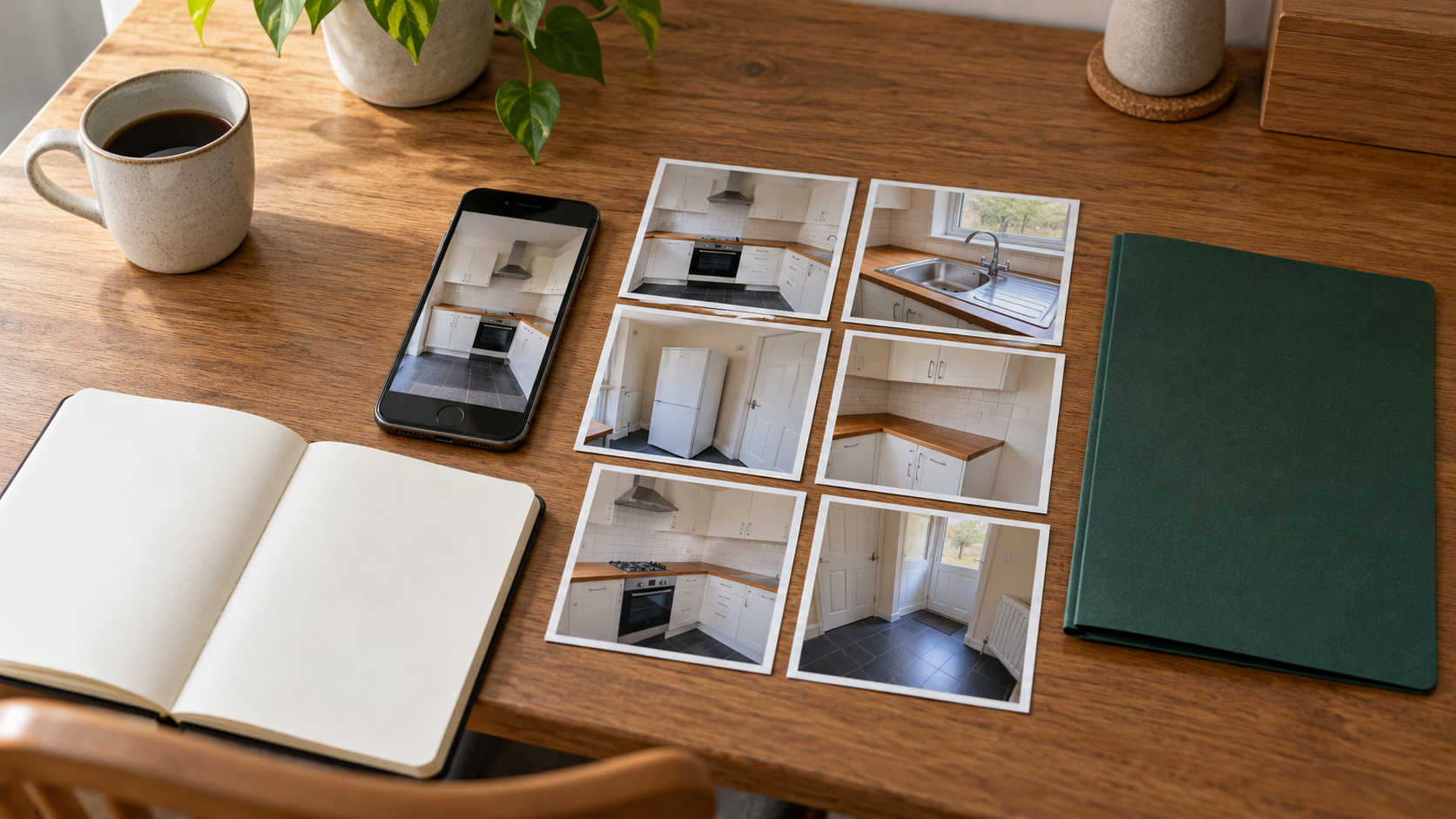 AI illustration of a phone, blank notebook, green folder and six printed kitchen photos on an unoccupied table